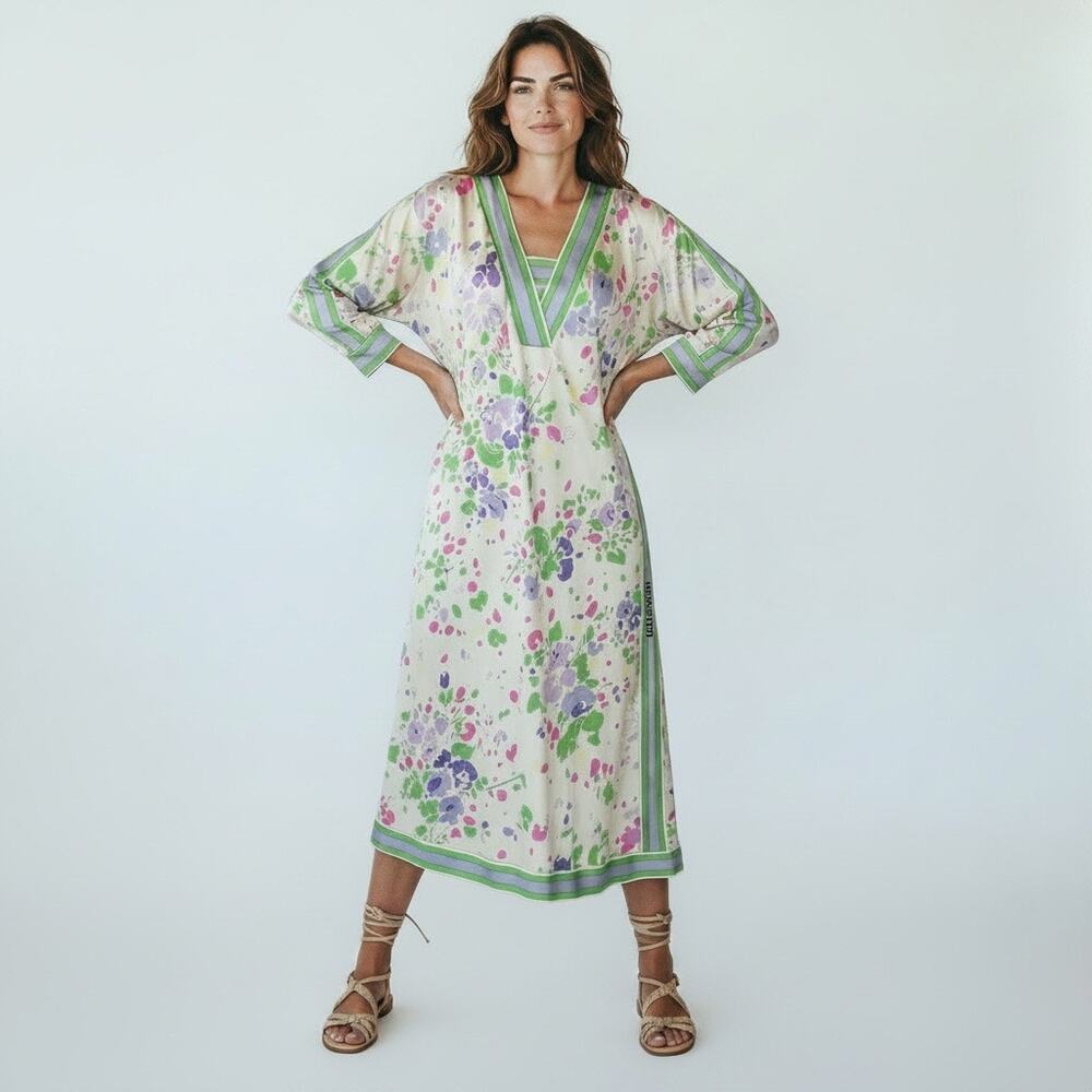 Vintage Leonard Silk Jersey Dress Pastel Floral 70s 80s V Neck Medium -
